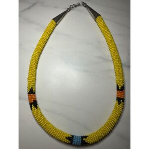 Vintage Yellow Seed Bead Rope Necklace Sterling Silver Cones 19" Southwestern
